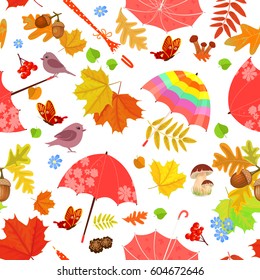 funny seamless texture with umbrellas and forest elements for your design