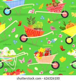 funny seamless texture with vegetables, fruits, food and flowers in gardening wheelbarrows