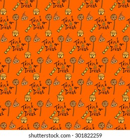 Funny seamless Trick or treat seamless pattern for Halloween. orange background