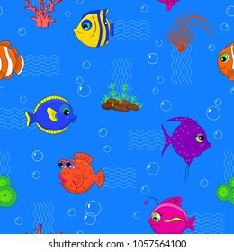 Funny seamless underwater world with fish and seaweed. Design for childish, beach and pool objects