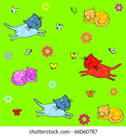 Funny seamless vector background with cats, flowers and butterflies.