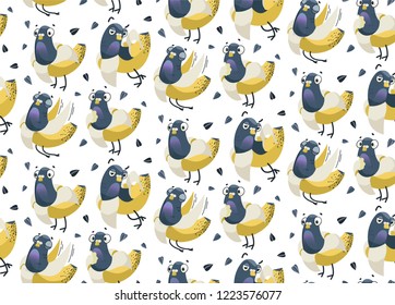 
Funny seamless vector background with doves-bananas and sunflower seeds