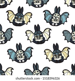 Funny seamless vector day of the dead comic style bat bunny pattern with hand drawn skeleton, masked bunny in black and orange. Funny and happy design for your perfect Halloween party.