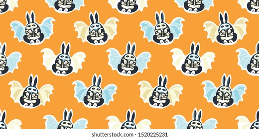 Funny seamless vector day of the dead comic style bat bunny pattern with hand drawn skeleton, masked bunny in black and orange. Funny and happy design for your perfect Halloween party.