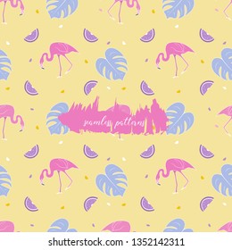 Funny seamless vector exotical pattern with candy, donuts, popcakes and tropical elements: red flamingo, yellow leaves of fern and banana. Good background for your products