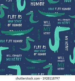 Funny, seamless vector hand-drawn crocodile. Isolated on a blue background. Graphic reptile in cartoon style. Fabric, textiles, gifts, wallpaper. English text