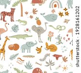 Funny seamless vector pattern with african animals, flowers, fruits and palms. Hand drawn modern illustration with cheetahs, foxes, elephants, rhinos, ostrich, lizard, giraffe, bird. Boho colors