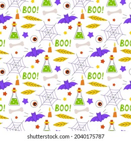 Funny seamless vector pattern with bats, spider webs and potions. Hand drawn in cartoon style Halloween elements in cute print for baby textiles and wrapping paper with white background
