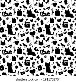 Funny seamless vector pattern with black silhouette of cats, hearts, gifts and flowers on white background. Design for wrapping paper, cards and textile. Valentines Day, love or kid decoration