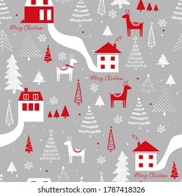 Funny seamless vector pattern with deers, houses, snowflakes and Christmas tree. Can be used  fabric, phone case and wrapping paper.

