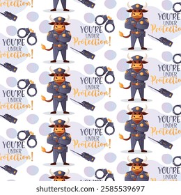 Funny seamless vector pattern featuring an anthropomorphic bull police officer with a radio, handcuffs, and the phrase You’re under protection  
