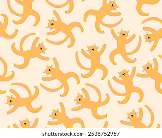 Funny Seamless Vector Pattern With Happy Leopards. Wild Cats on a Apricot Background. Repeatable Print with Happy Dancing Leopards. Endless Print with Yellow Hand Drawn Wild Cats with Pink Dots. RGB.