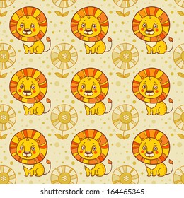 Funny seamless vector pattern with lions and flowers. Baby seamless pattern of cute little lion.
