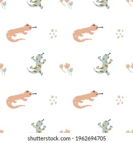Funny seamless vector pattern with lizards  and flowers. Infantile style nursery art perfect for fabric, textile. Hand drawn modern illustration in nice colors
