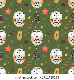 Funny seamless vector pattern with owls, feathers and stars. Magical natural items on green background. Ideal design for wrapping paper, cards and textile