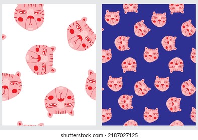 Funny Seamless Vector Pattern with Pink-Red Tiger on a White and Deep Blue Background. Simple Infantile Style Repeatable Print with Funny Hand Drawn Tiger Head ideal for Fabric, Textile.