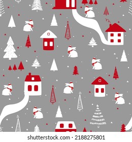 Funny seamless vector pattern with rabbit, houses, snowflakes and Christmas tree. Can be used  for fabric, phone case and wrapping paper. New year 2023.
