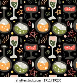 Funny seamless vector pattern with wizard's elements. Glasses and bottles of potion, stars and magical items on black background. Ideal design for wrapping paper, cards and textile