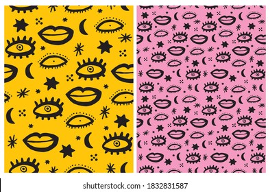 Funny Seamless Vector Patterns with Black Hand Drawn Eyes, stars and Lips Isolated on a Pink and Yellow Background. Funny Abstract Doodle Print ideal for Fabric, Textile, Wrapping Paper. 