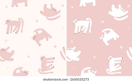 Padrões de vetor sem emenda engraçados com gatinho gordo em um fundo branco e rosa pastel. Papel De Parede Desenhado À Mão Infantil Com Felizes Rosa E Gatos Brancos. Impressão Sem Fim Para Amantes Do Gato. Cores RGB.