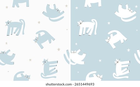 Funny Seamless Vector Patterns With Fat Kitty On a White and Pastel Blue Background. Childish Hand Drawn Wallpaper With Happy Blue And White Cats. Endless Print For Cat Lovers. RGB Colors. 