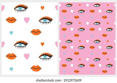 Funny Seamless Vector Patterns with Hand Drawn Eyes, Lips and Hearts Isolated on a White and Light Pink Background. Simple Colorful Print with Woman's Eyes and Lips.