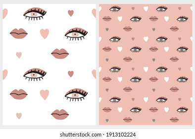 Funny Seamless Vector Patterns with Hand Drawn Eyes, Lips and Hearts Isolated on a White and Light Pink Background. Simple Print with Woman's Eyes and Lips.