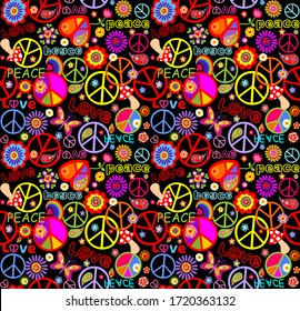 Funny seamless wallpaper with colorful hippie print with peace and love lettering, fly agaric, butterfly, abstract flowers on the black background