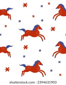 Funny SeamlessVector Pattern with Red-Blue Horses Running Among Stars. Cute Crayon Drawing-Like Wild Horses on a White Background. Farm Animals Repeatable Print.Infantile Style Print with Mustangs.RGB