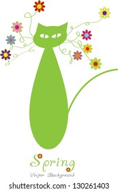 funny seasonal background,spring cat in silhouette with colorful flowers and place for your text isolated on white background