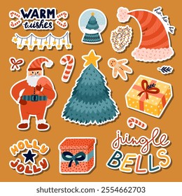 Funny seasonal sticker set for New Year, Christmastime for planners, notebooks. Ready for print list of cute stickers with cartoon clipart and greeting lettering. Santa Claus, Xmas tree, presents.