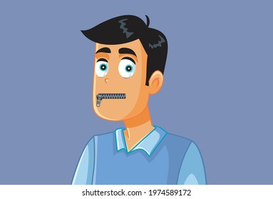 Funny Secretive Man with Zipped Mouth Vector Illustration. Guy keeping his mouth should keeping secrets because of censorship. 
