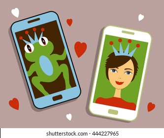 Funny selfie photo. Frog prince and beauty boy make selfie photo. Flat love theme design. Vector.