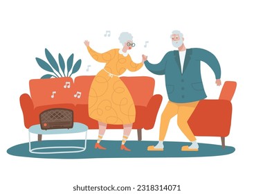 Divertida pareja senior bailando juntos en casa y disfrutando de su relación. Interior de salón con sofá rojo. Ilustración vectorial dibujada a mano plana.