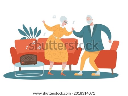 Funny Senior couple dancing together at home and enjoying their relationship. Livig roon inerior with red sofa. Flat hand drawn vector illustration.
