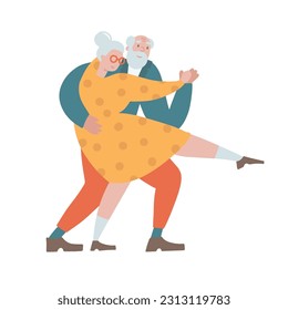 Funny senior couple people dancing tango together. Old man and woman dancing retro popular romantic dance, romance of grandma and grandpa on pension. Isolated hand drawn flat vector illustration.