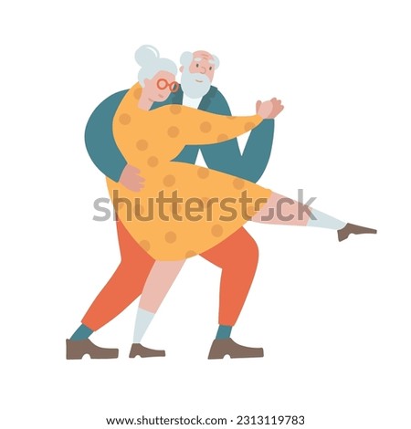 Funny senior couple people dancing tango together. Old man and woman dancing retro popular romantic dance, romance of grandma and grandpa on pension. Isolated hand drawn flat vector illustration.
