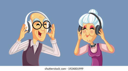 Funny Senior Couple Wearing Headphones Listening to Music. Grandma and grandpa celebrating with favorite songs
