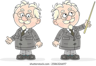 Funny senior grey-haired professor with mustache, wearing eye glasses and a classic suit, in two poses, with a pointer and without it, at a lecture or lesson, vector cartoon illustration on white