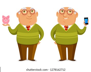 funny senior guy holding a piggy bank or mobile phone. Cute old man in green sweater, cartoon character, isolated on white. Vector eps file.