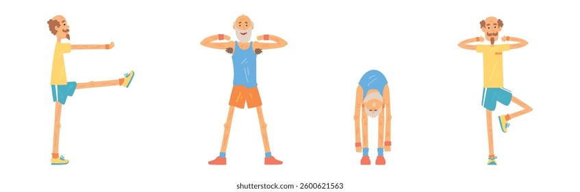 Funny Senior Man Character Exercising and Workout Vector Set