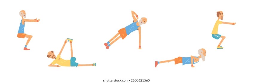 Funny Senior Man Character Exercising and Workout Vector Set