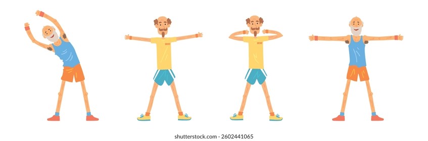 Funny Senior Man Character Exercising and Workout Vector Set