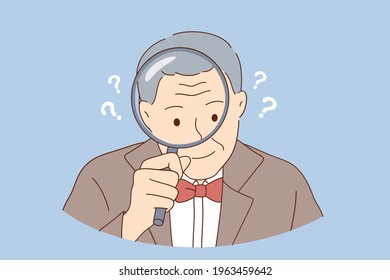 Gracioso concepto de retratos de adultos mayores. Viejo y elegante personaje de caricatura del abuelo actuando como investigador con lente de aumento en ilustración de vector manual 