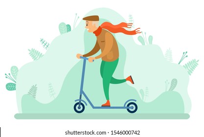 Funny senior person having fun in park with foliage vector, male on scooter. Character wearing scarf and hat, grandfather in forest surrounded by nature