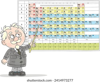 Funny senior professor with a pointer standing near a periodic table of chemical elements and speaking on the topic of his lecture at a chemistry lesson, vector cartoon illustration on white