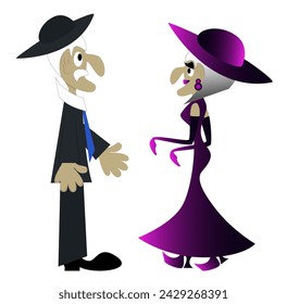 Funny serious old man wearing hat and jacket invites a beautiful lady to dance. Person character flat style vector illustration isolated on white background.