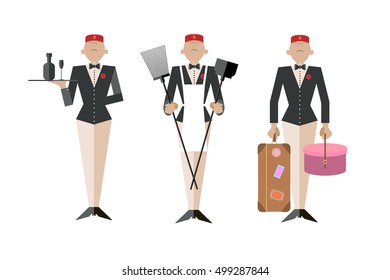 Funny servant in role of steward, yardman and porter