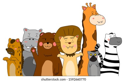 funny set of animal character ,Hyena 
Hippopotamus  Bear  Lion Giraffe  lemur and Zebra  Hand drawn
