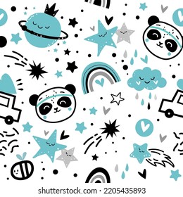 Funny set with animal heads in boho style seamless pattern.T-shirt design, nursery decoration. Vector illustration black, white and blue